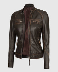 Women's Rub Off Dark Brown Quilted Leather Cafe Racer Jacket