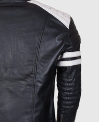 Men's White Stripes Black Cafe Racer Leather Jacket