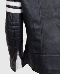 Men's White Stripes Black Cafe Racer Leather Jacket