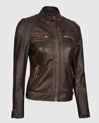 Women's Rub Off Dark Brown Quilted Leather Cafe Racer Jacket