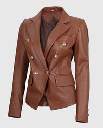 Kinley Women's Double Breasted Brown Leather Blazer Jacket