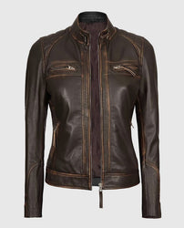 Women's Rub Off Dark Brown Quilted Leather Cafe Racer Jacket