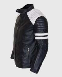 Men's White Stripes Black Cafe Racer Leather Jacket