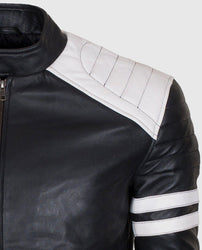 Men's White Stripes Black Cafe Racer Leather Jacket