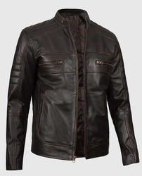 Men's Distressed Dark Brown Cafe Racer Real Leather Jacket