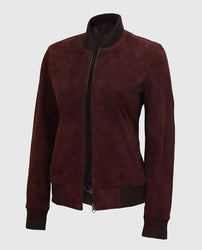 Women's Maroon Suede Leather Bomber Jacket