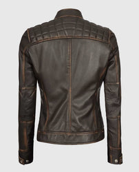 Women's Rub Off Dark Brown Quilted Leather Cafe Racer Jacket