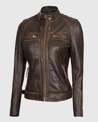 Women's Rub Off Dark Brown Quilted Leather Cafe Racer Jacket