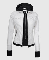 Women's White Bomber Leather Jacket with Hood