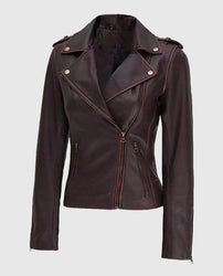 Women's Maroon Asymmetrical Leather Motorcycle Jacket