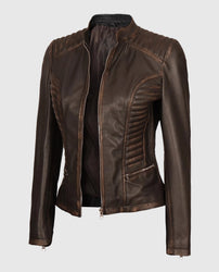 Women's Rachel Dark Brown Rub-off Cafe Racer Leather Jacket