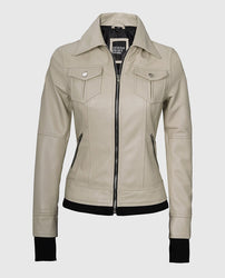 Women's Beige Bomber Leather Jacket with Hood
