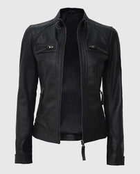 Women's Black Quilted Cafe Racer Leather Jacket