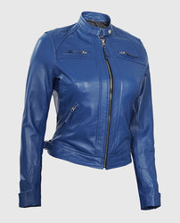 Women's Blue Diamond Cafe Racer Leather Jacket