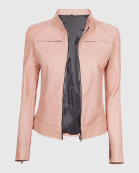 Women's Cafe Racer Light Pink Leather Jacket