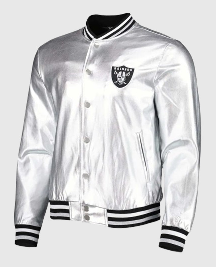 Las Vegas Raiders The Wild Collective Silver Metallic Satin Jacket