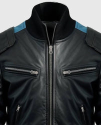 Men's Blue Black Bomber Leather Jacket
