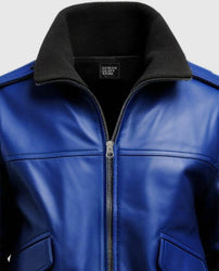 Men's Blue Leather Bomber Jacket