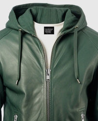 Men's Green  Faux Leather Jacket With Hood