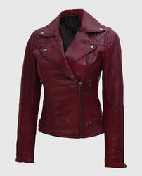 Kimberley Quilted Leather Motorcycle Maroon Jacket for Women