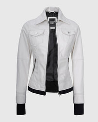 Women's White Bomber Leather Jacket with Hood
