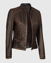 Women's Rachel Dark Brown Rub-off Cafe Racer Leather Jacket