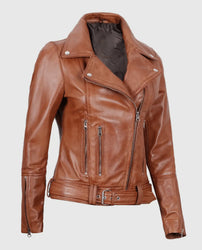 Women's Light Brown Asymmetrical Leather Biker Jacket - Belted