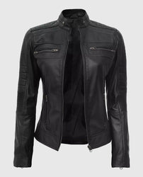 Women's Black Cafe Racer Leather Jacket