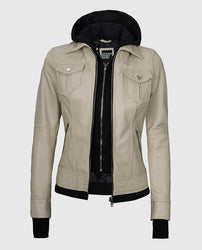 Women's Beige Bomber Leather Jacket with Hood