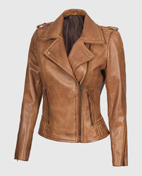 Kirsten Women's Asymmetrical Camel Brown Real Leather Jacket
