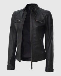 Women's Black Quilted Cafe Racer Leather Jacket