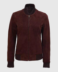 Women's Maroon Suede Leather Bomber Jacket