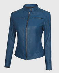 Women's Blue Cafe Racer Leather Jacket