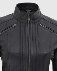 Women's Black Leather Cafe Racer Jacket with Decorated Seams