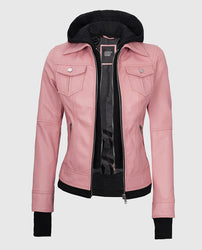 Women's Pink Bomber Leather Jacket with Hood