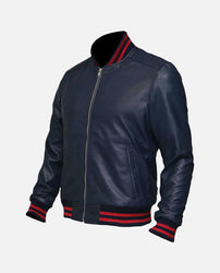 Men's Blue Sheepskin Leather Varsity Bomber Jacket