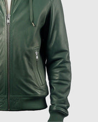 Men's Green  Faux Leather Jacket With Hood