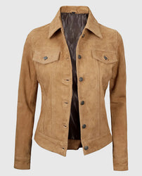 Women's Light Brown Suede Leather Trucker Jacket