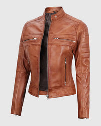 Women's Tan Cafe Racer Leather Jacket