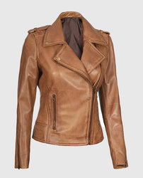 Kirsten Women's Asymmetrical Camel Brown Real Leather Jacket