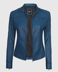 Women's Blue Cafe Racer Leather Jacket
