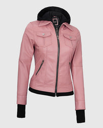 Women's Pink Bomber Leather Jacket with Hood