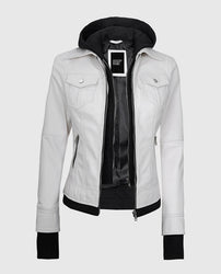 Women's White Bomber Leather Jacket with Hood
