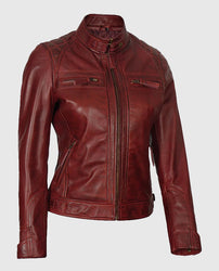 Johnson Women's Maroon Quilted Cafe Racer Leather Jacket