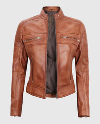 Women's Tan Cafe Racer Leather Jacket
