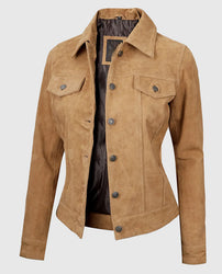Women's Light Brown Suede Leather Trucker Jacket