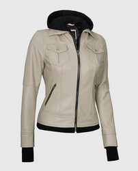 Women's Beige Bomber Leather Jacket with Hood