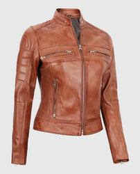 Women's Tan Cafe Racer Leather Jacket