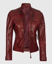 Johnson Women's Maroon Quilted Cafe Racer Leather Jacket