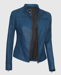 Women's Blue Cafe Racer Leather Jacket